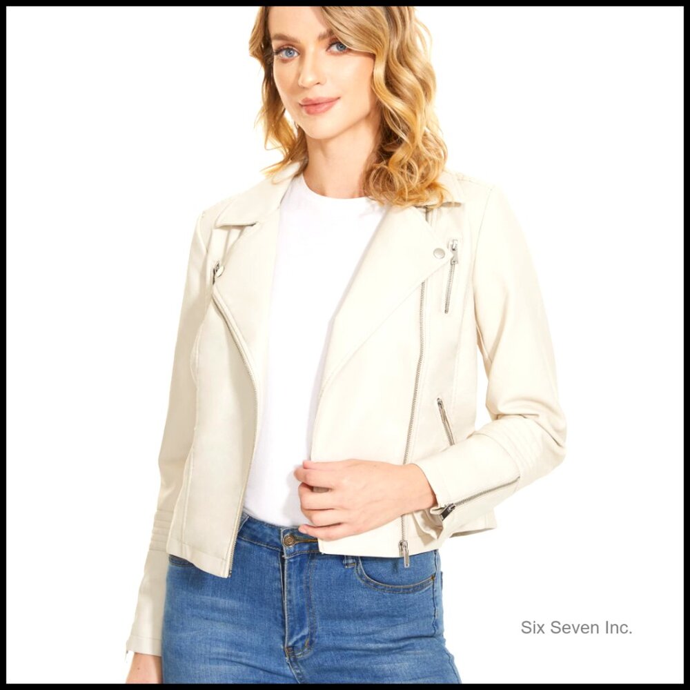 Faux Leather Moto Jacket, Fitted, Lightweight, Short Length, Zipper Closure